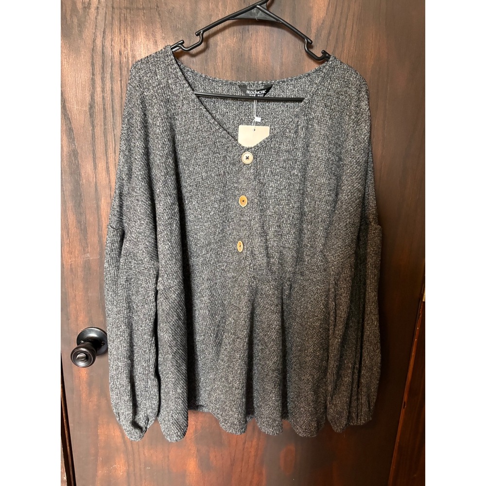 BloomChic Women Charcoal Gray Marl Knit V-Neck Lantern Sleeve Top US 14-16 NWT - Picture 1 of 5